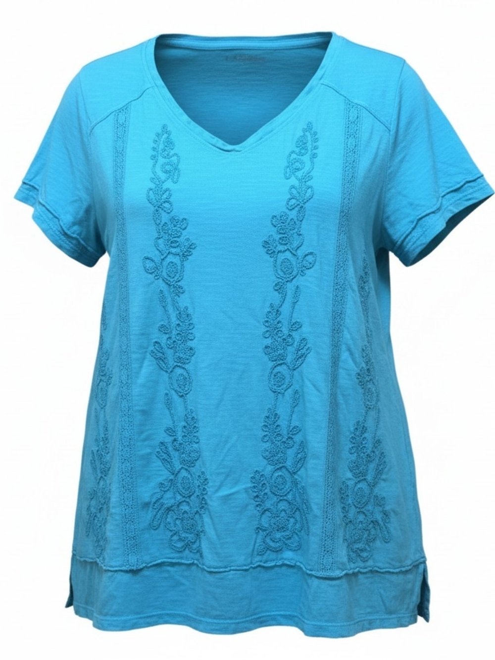 COLDWATER CREEK | Petite Blue 100% Cotton Floral Embroidered Boho Top V-Neck | L